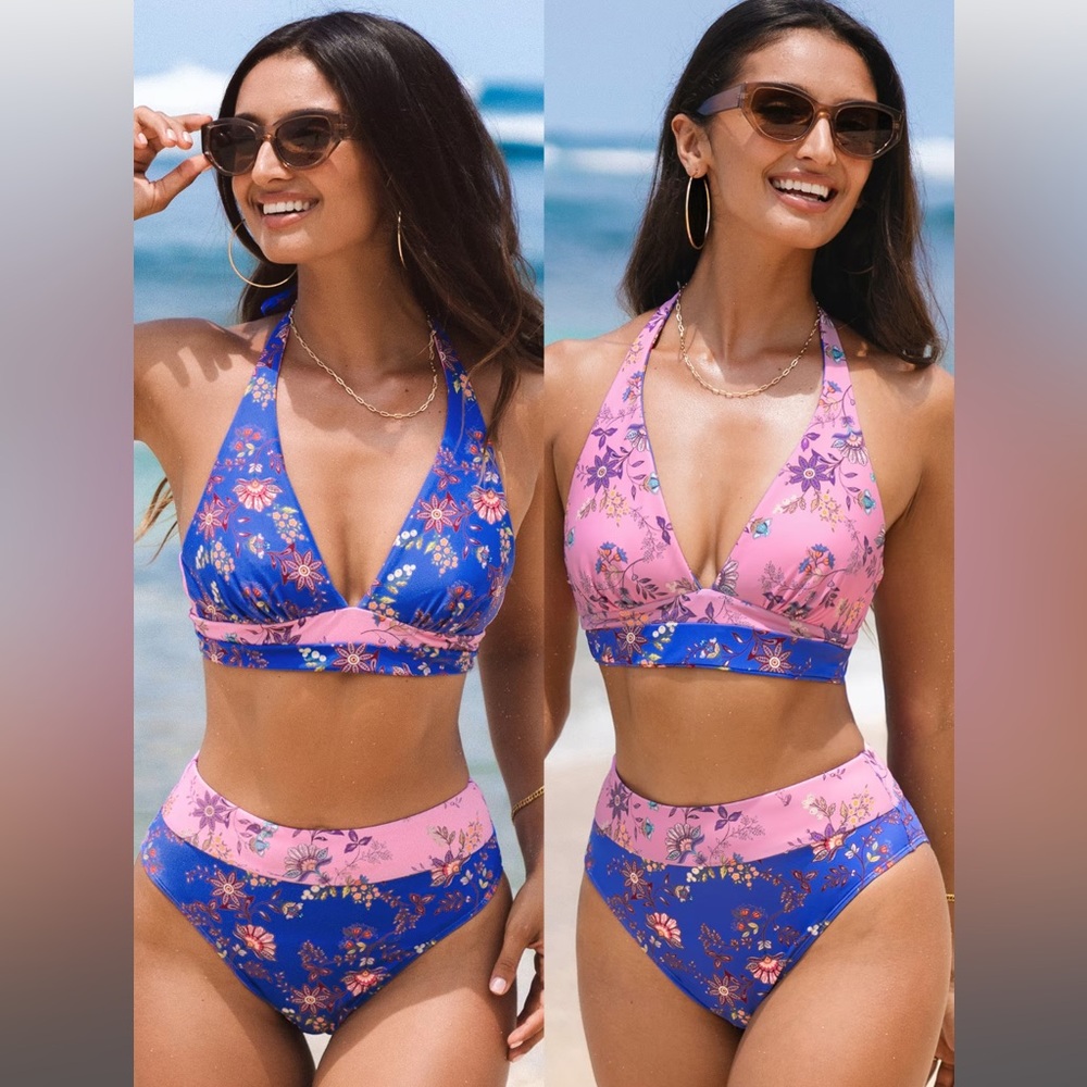 NWT Cupshe wild day flower reversible bikini top and colorblock bottom set